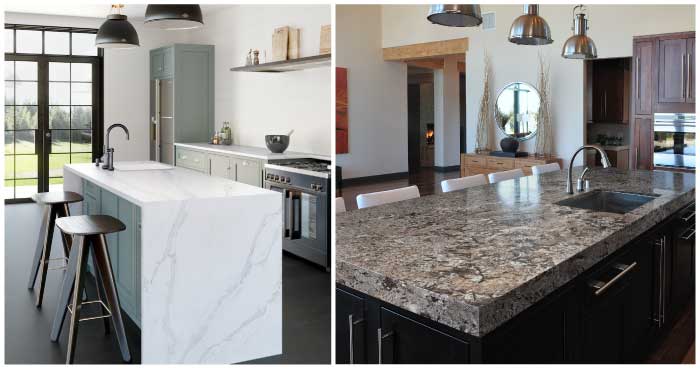 Silestone Calacatta Gold Quartz countertop kitchen next to Sensa Glacial Blue Granite countertop kitchen